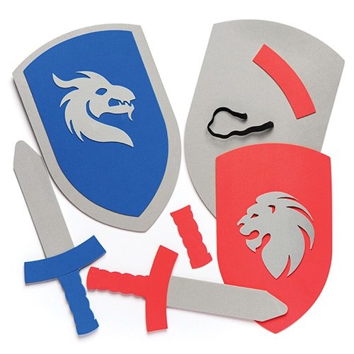 Baker Ross AR456 Kids Sword & Shield Sets (Pack Of 2) Kids To Make, White, 28cm & 27cm, Red