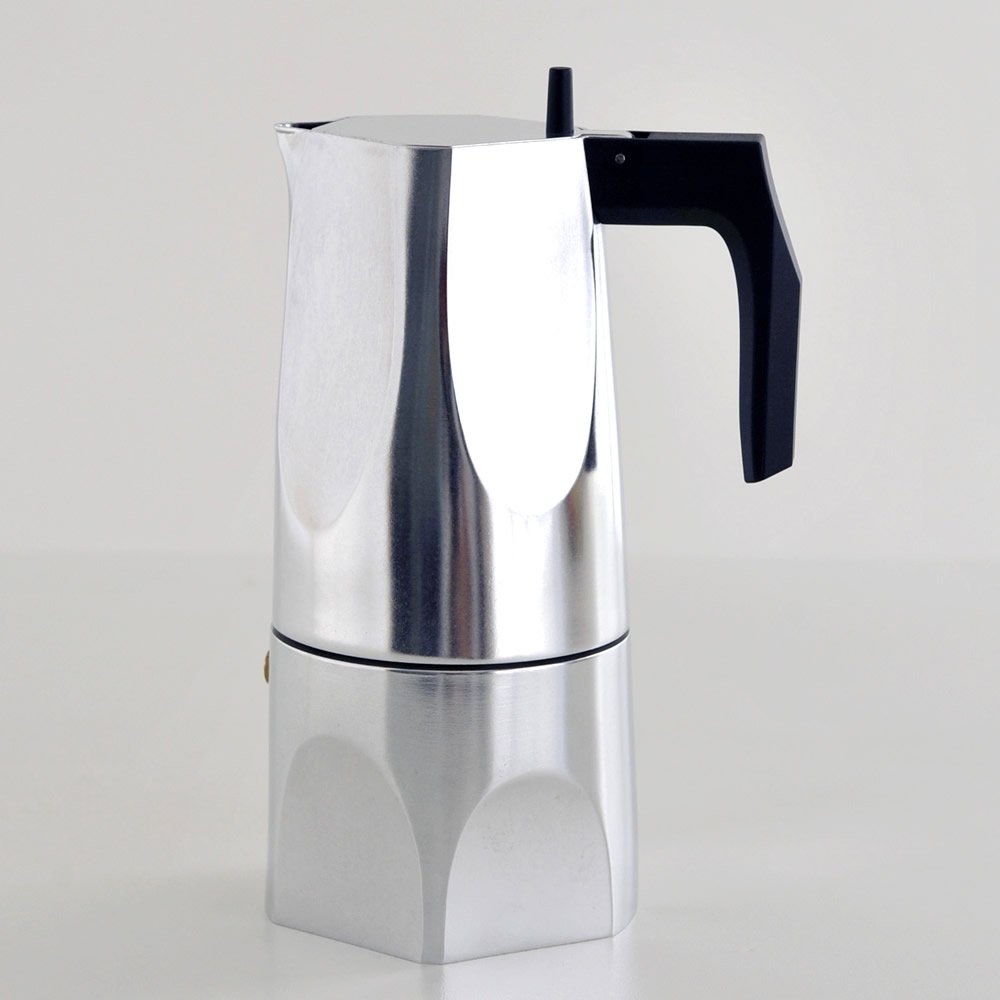 Alessi MT18/6 Ossidiana espresso coffee maker in aluminium casting. Handle and knob in black
