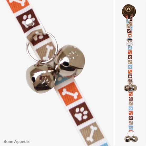 PoochieBells the Original & Trusted Housetraining & Potty Time Dog Doorbell for Loving Dog Families Since 2005. A clear, pleasant and easy way for your family to know when its potty time for your furry best friend. All PoochieBells are individually handcrafted in the USA. Bone Appetite Brown Paw Prints Design