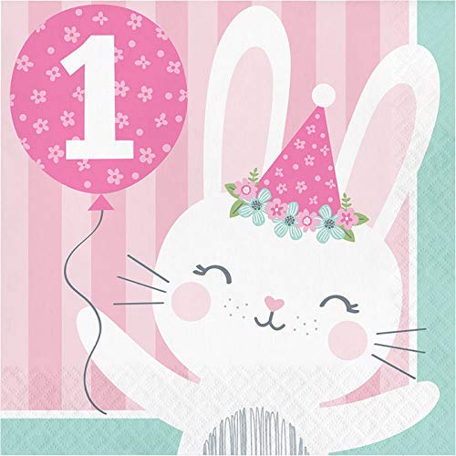Pink Bunny 1st Birthday 2-Ply Lunch Paper Napkins - 16 Pcs, Multicoloured, 6.5"