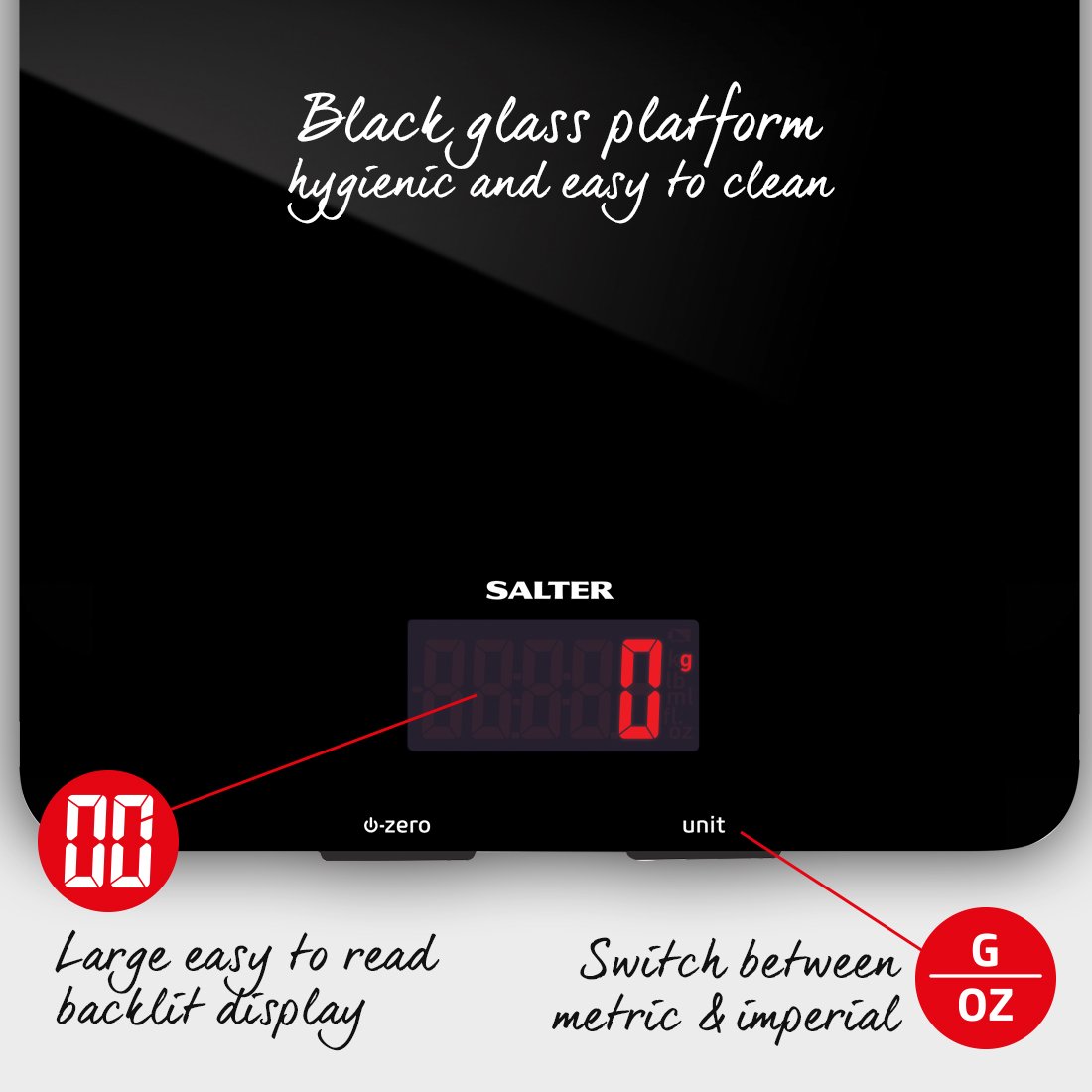 Salter 1150 BKDR Digital Kitchen Scales, Stylish Glass Design, Cooking Scale for Home/Kitchen, Measures Liquids & Fluids - Image 3