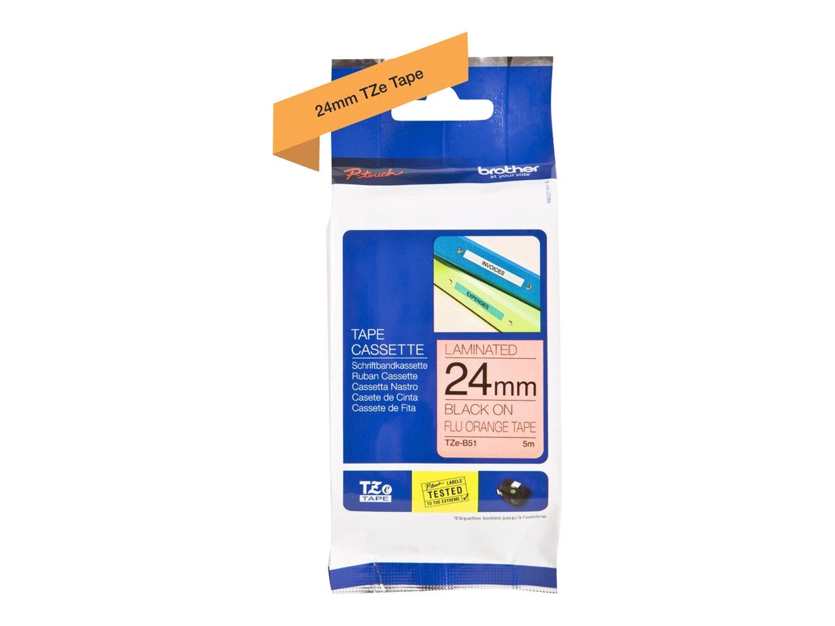 Brother TZe-B51 Labelling Tape Cassette, Black on Fluorescent Orange, 24 mm (W) x 5 m (L), Laminated, Brother Genuine Supplies