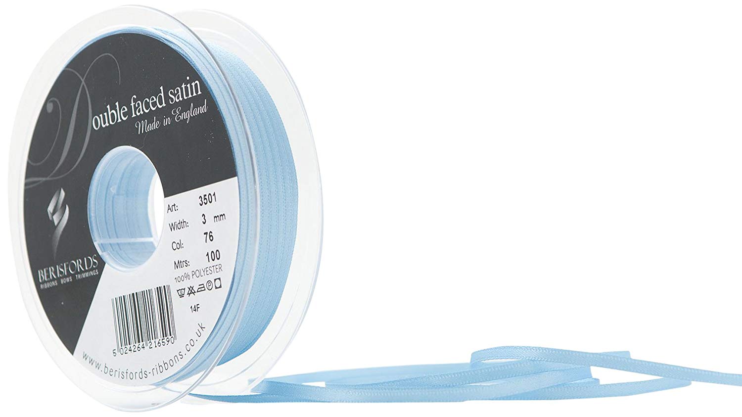 Berisfords Double Faced Satin Ribbon, Cornflower, 3 mm Width, 100 metre Length