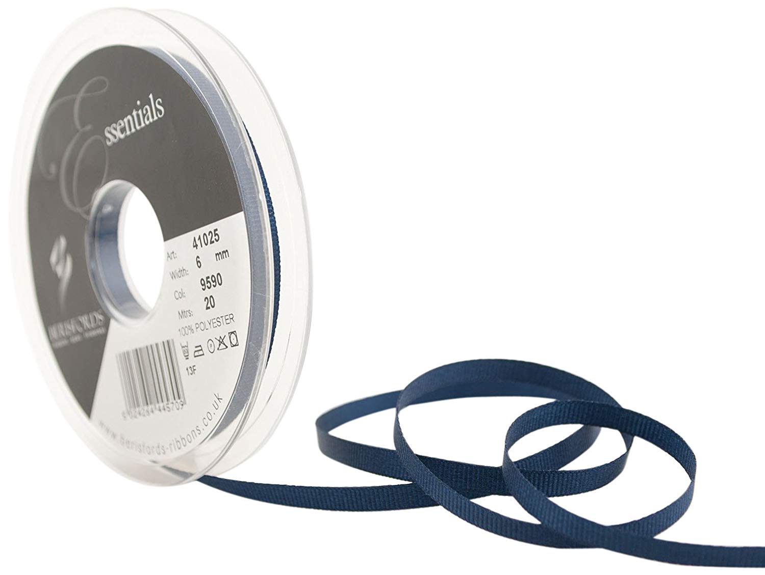 Berisfords 41025 20 m x 6 mm Polyester Grosgrain Ribbon, Navy, 6mm