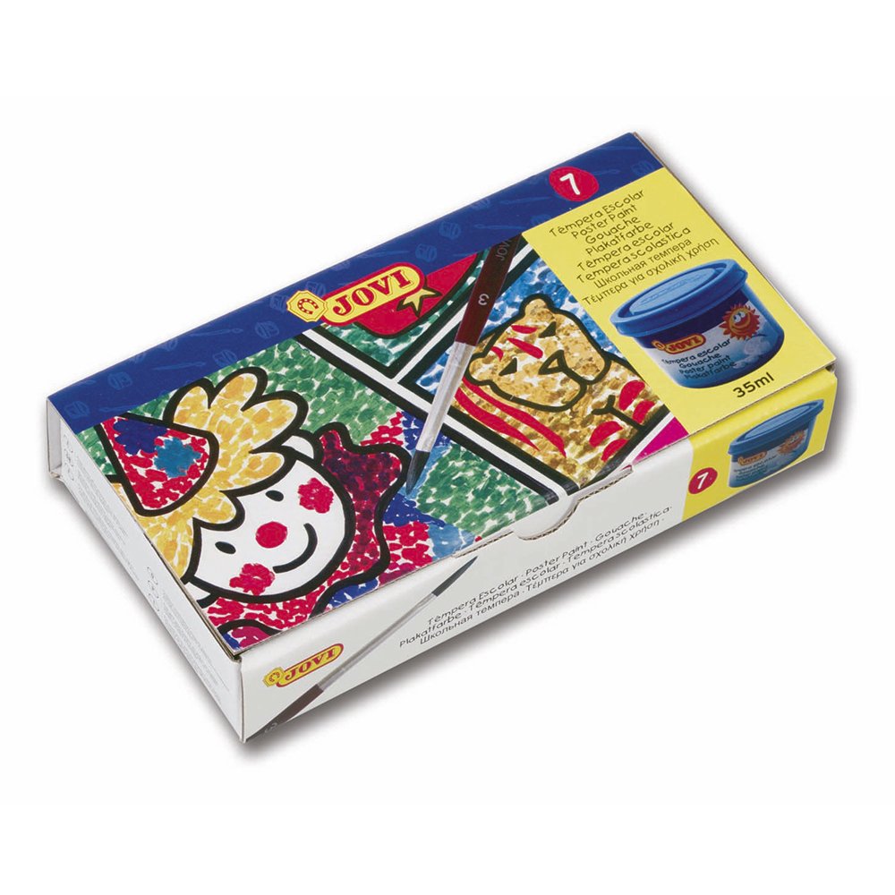 Jovi - School Tempera, box with 7 pots of 35ml, Assorted Colors, washable paints for kids with brush