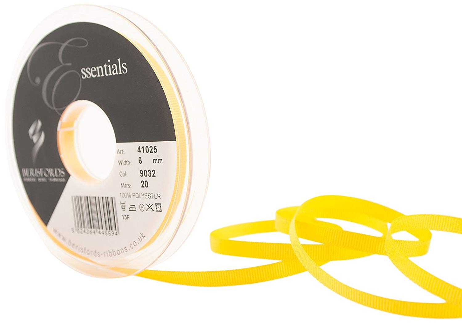 Berisfords 41025 20 m x 6 mm Polyester Grosgrain Ribbon, Yellow, 6mm