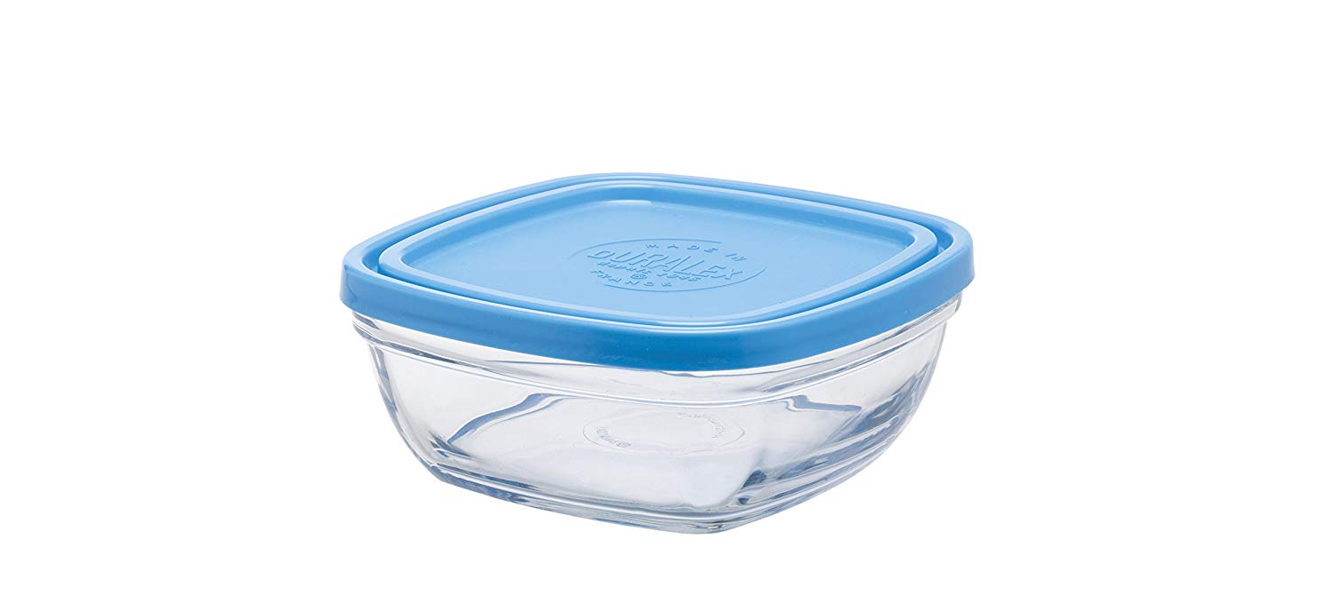 Duralex Lys 2 1/2 Cup Clear Square Storage Bowl with Lid, Blue, 14 cm