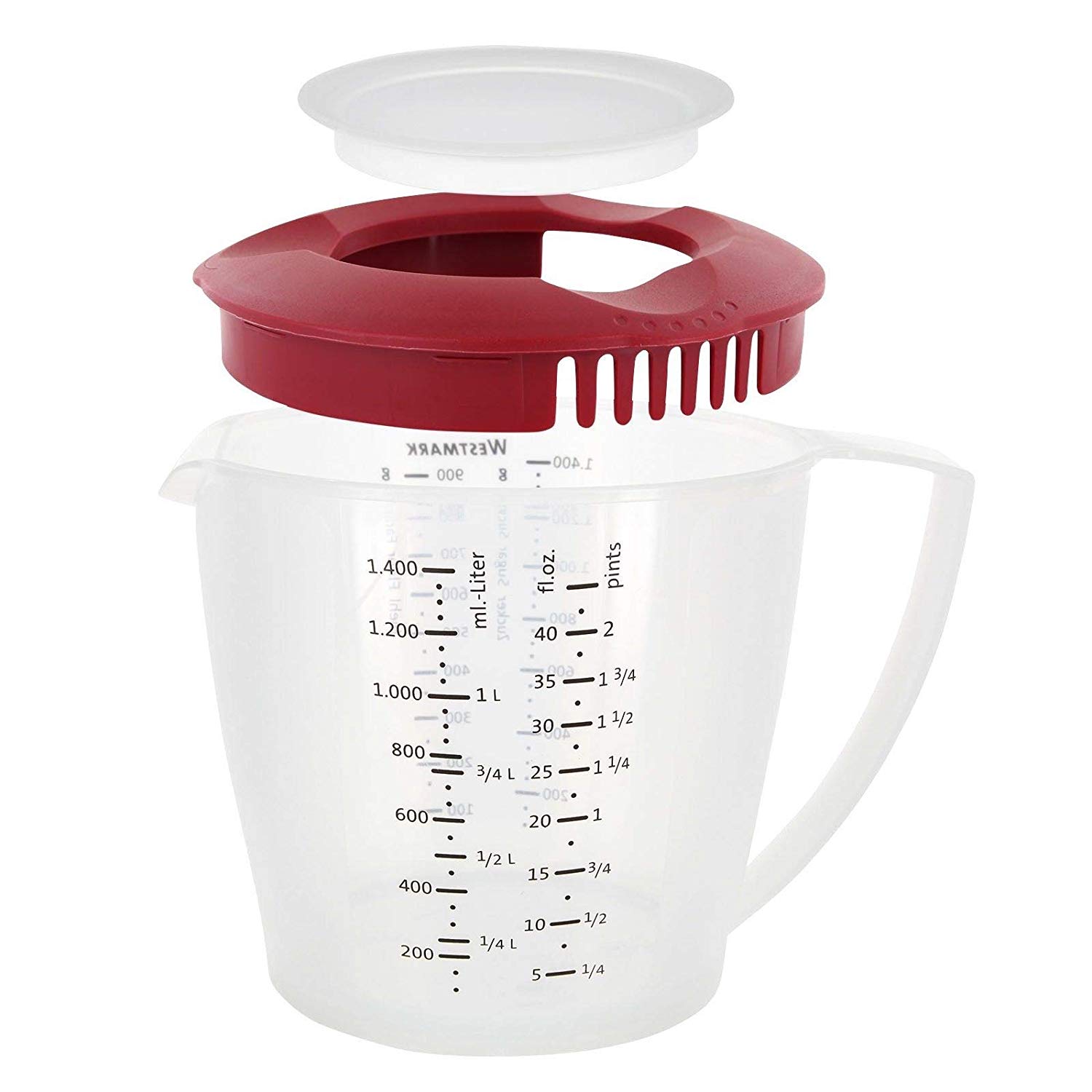 Westmark Mixing Jug with Splash Guard, Lid and Spout, Plastic, Capacity: 1.4 Litres, Helena, Transparent/Red, 3105227R - Image 2