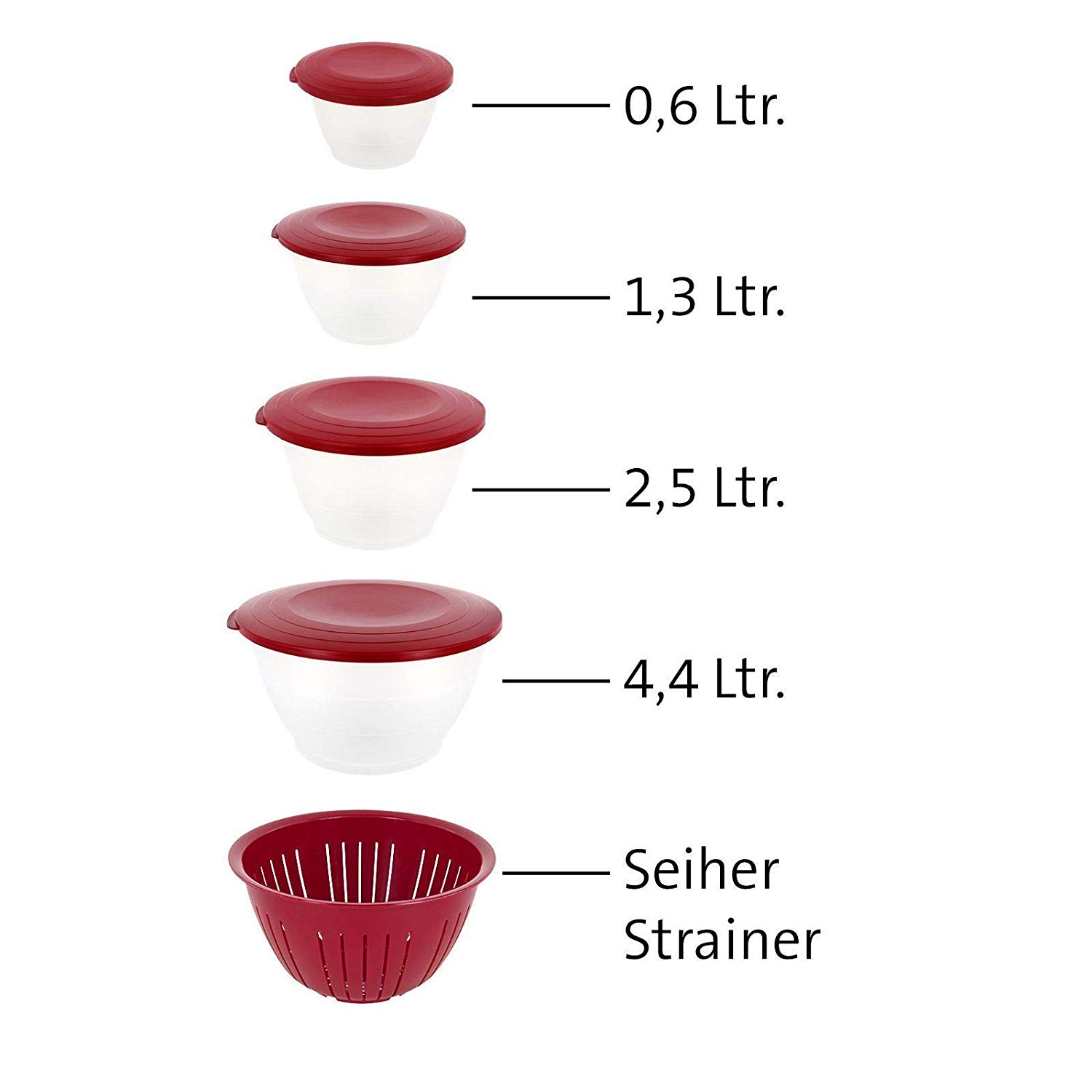 Westmark Bowl Set, 4 bowls with lids + 1 strainer, 9 pieces, Volume: 0.6/1.3/2.5/4.4 Litres, Plastic, BPA-free, Olympia - Image 3