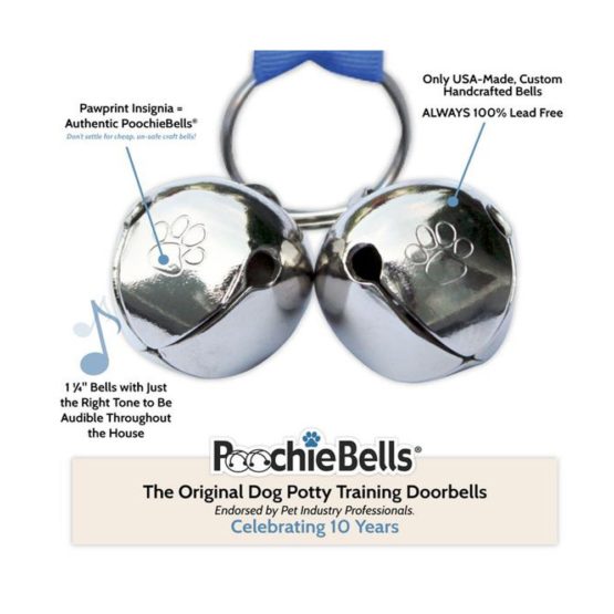 PoochieBells the Original & Trusted Housetraining & Potty Time Dog Doorbell for Loving Dog Families Since 2005. A clear, pleasant and easy way for your family to know when its potty time for your furry best friend. All PoochieBells are individually handcrafted in the USA. Bone Appetite Brown Paw Prints Design - Image 4