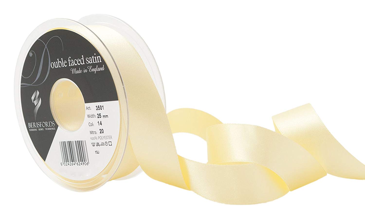 Berisfords Double FACE Poly Satin Ribbon, Pale Lemon, 25 mm