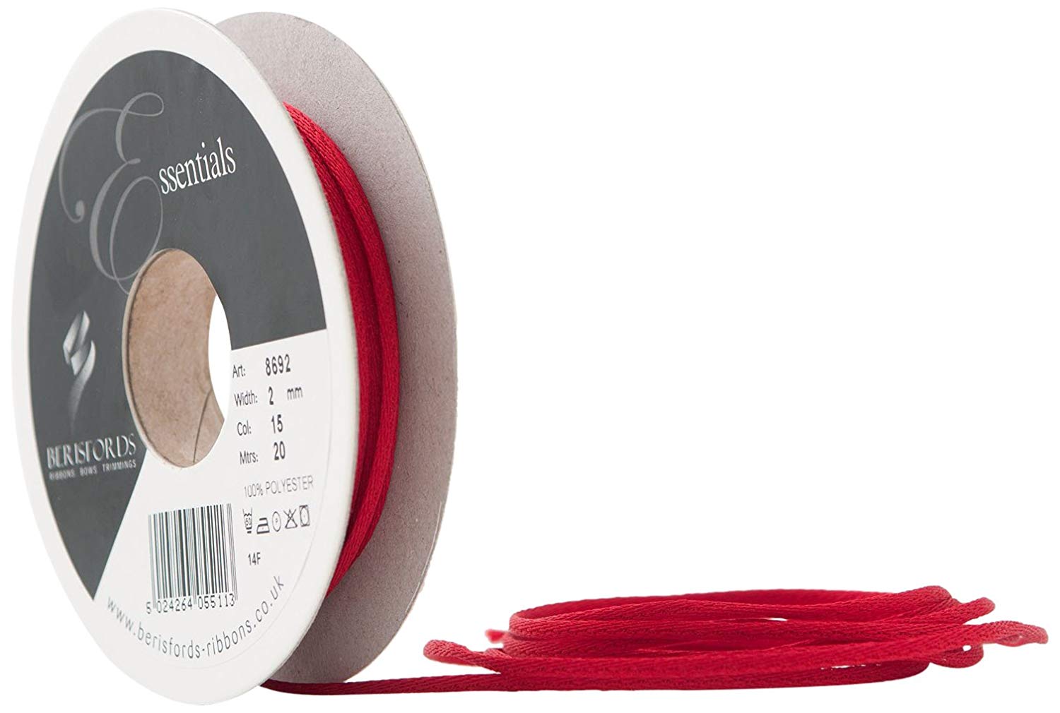 Berisfords Rope, Red : Scarlet, 2 mm Width, 20 metre Length, 5024264191569
