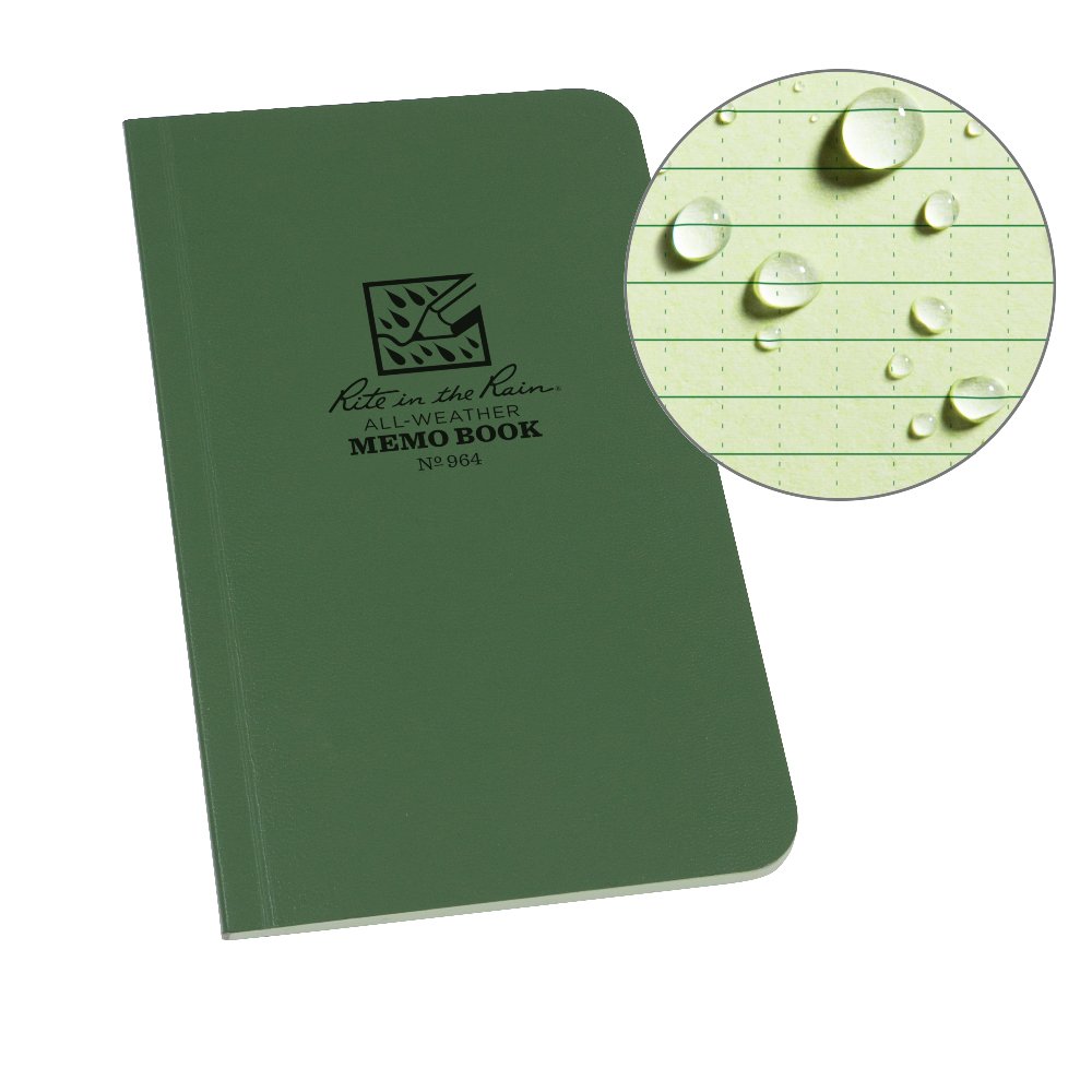 Rite in the Rain Waterproof Paper Tactical Memo Book Side Bound Field Flex Cover Green 120 Pages 60 Sheets Green Perfect Bound Binding Imperial & Metric Rulers Map Scales Conversion Charts 3¼ x 6-Inch
