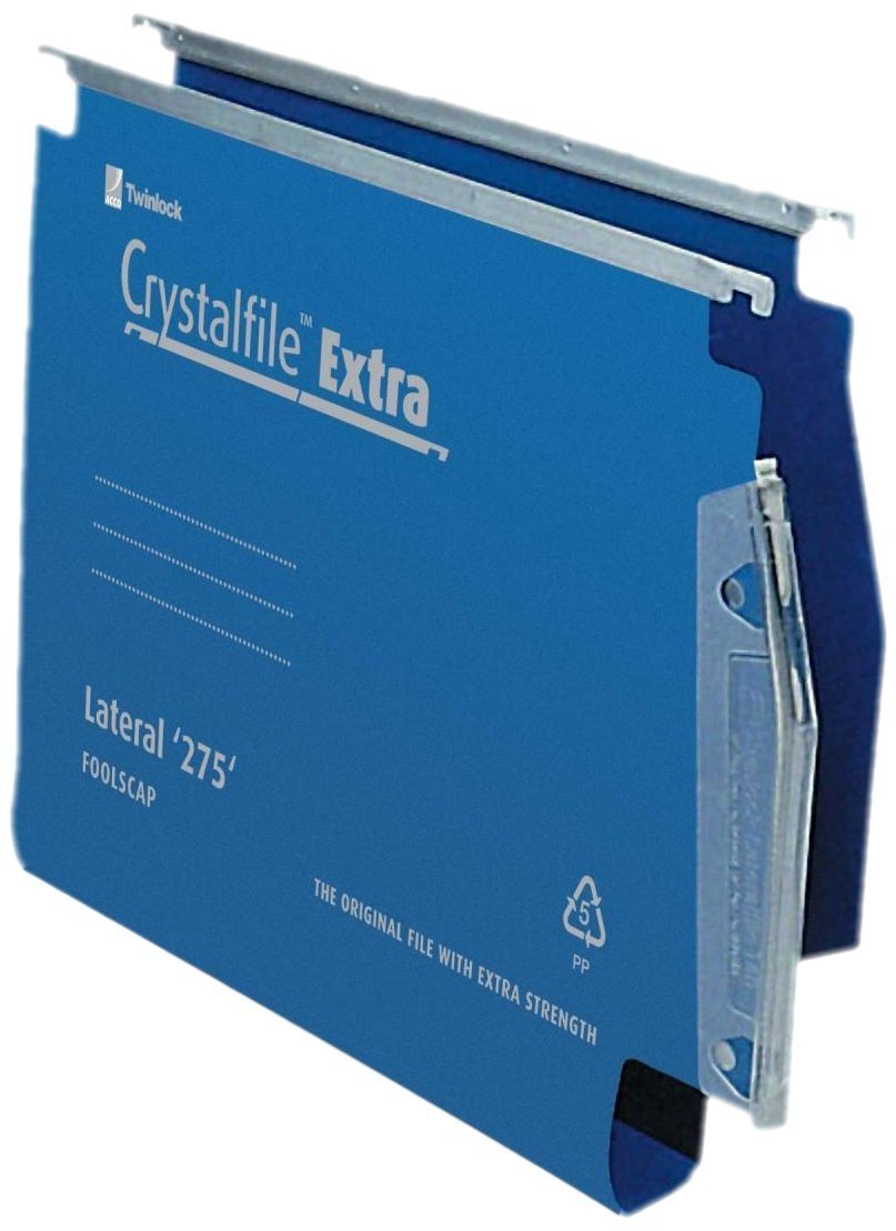 Rexel 275 Lateral Hanging Files with Tabs and Inserts, 50 mm base, Polypropylene, Blue, Crystalfile Extra, Pack of 25, 71765