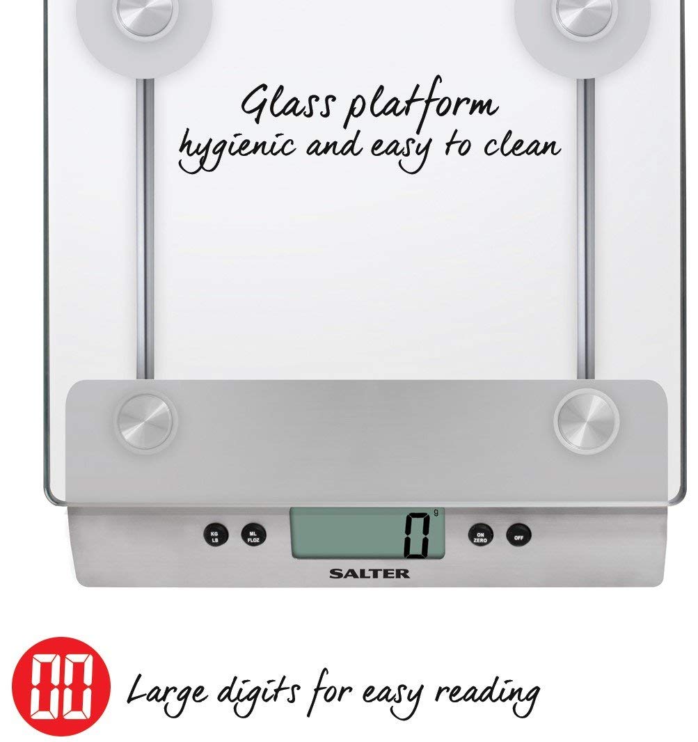 Salter 3003 SSSVDR08EU16 Kitchen Weighing Scale, Digital Glass Food Scales, Weighs Liquids/Fluids, Easy Read LCD Display - Image 2