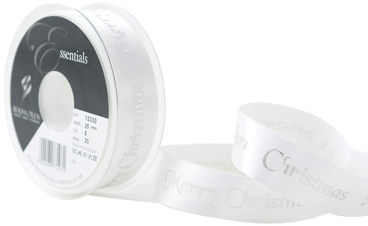 Berisfords Merry Christmas Ribbon, White and Silver 25 mm