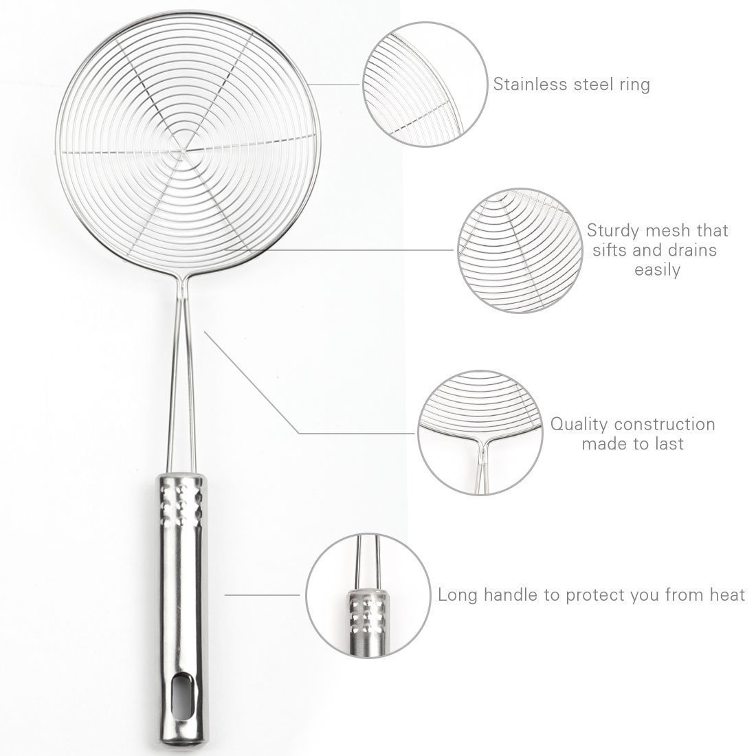AKORD 8.1" Long Handle 13.2cm Dia Mesh Net Strainer Ladle Strimmer, Stainless Steel, Silver, 33 x 13.2 x 13.2 cm - Image 3