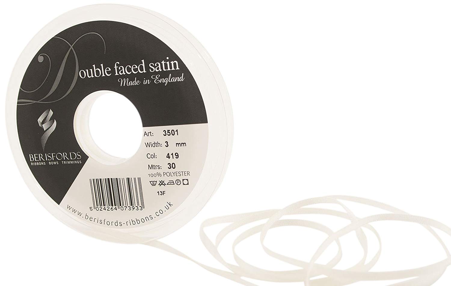 Berisfords Double Satin Ribbon, Bridal White, 3 mm