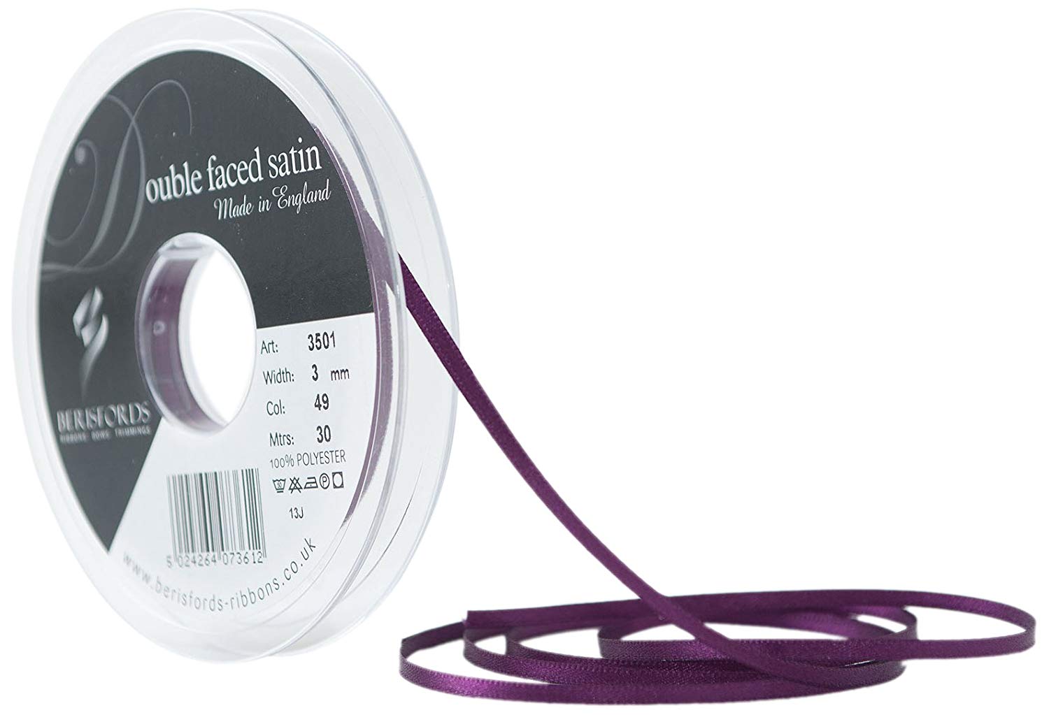 Berisfords Double Satin Ribbon, Plum, 3 mm, 3501-PM-3