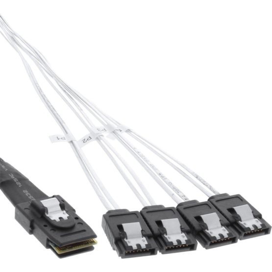 InLine® SAS cable, Mini SAS SFF8087 to 4x SATA, Host to Backplane, 75cm