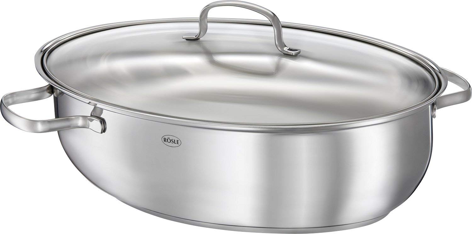 Rösle Oval Roaster Elegance with Glass Lid, Stainless Steel, 41 x 28.5 x 19 cm