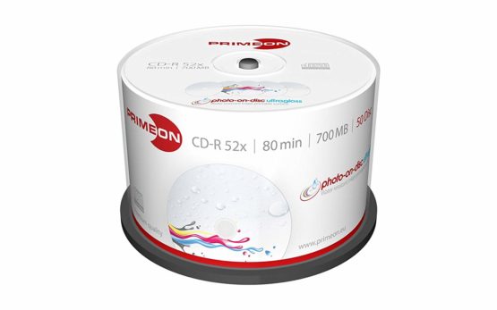 PRIMEON CD-R 80Min/700MB/52x Cakebox (50 Disc), photo-on-disc ultragloss Surface, Water resistant Inkjet Fullsize Printable