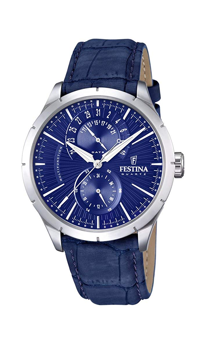 Festina Men's Quartz Watch with Black Dial Analogue Display Quartz Leather F16573/7, Blue/Silver