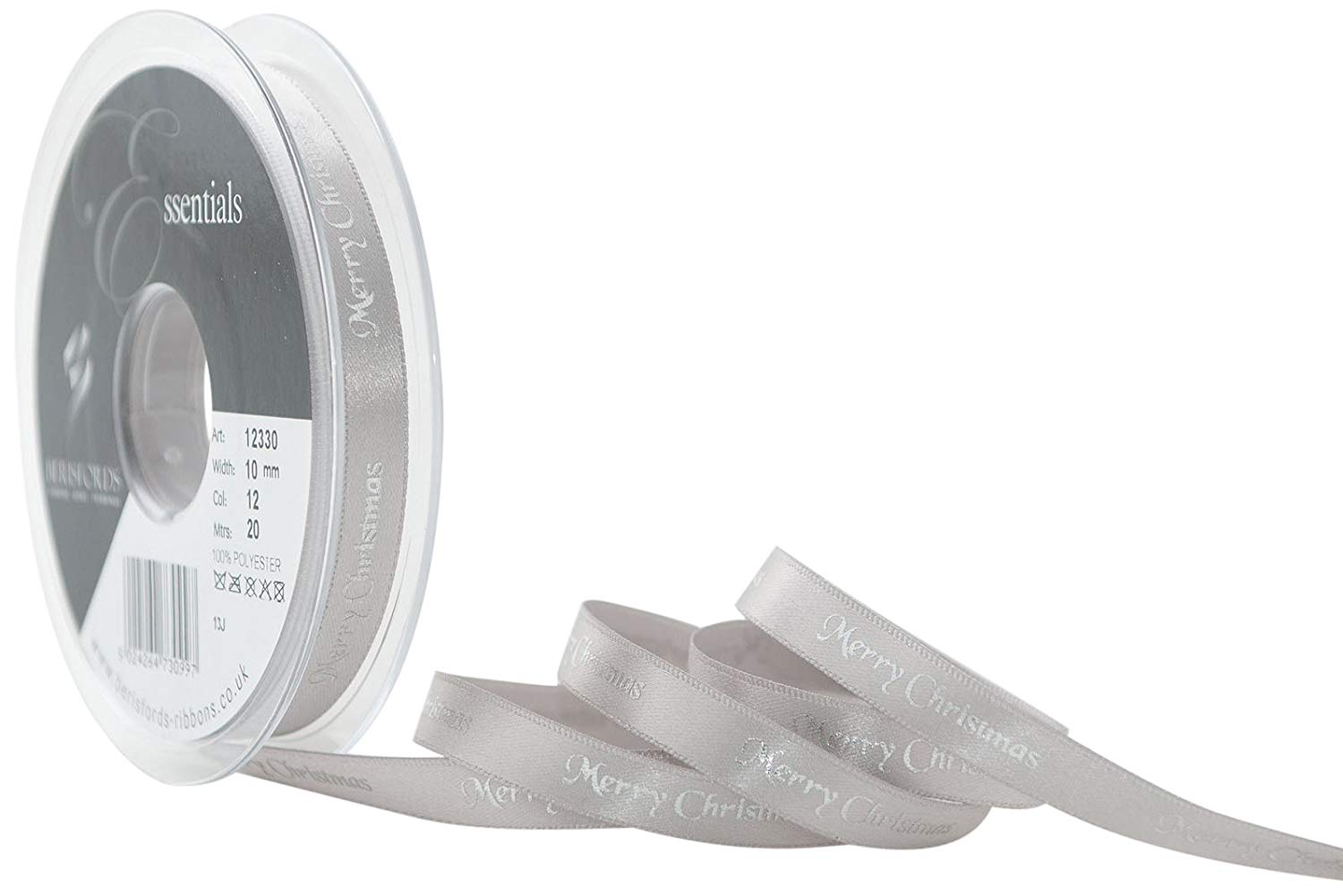Berisfords 10 mm Merry Christmas Ribbon, Silver and Silver, 12330-SS-10