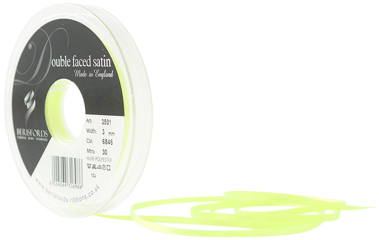 Berisfords Double Satin Ribbon, Flo Yellow, 3 mm, 3501-FY-3