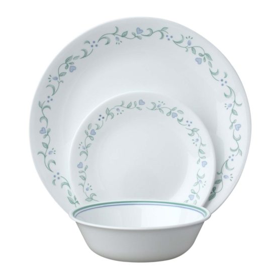 Corelle 18-Piece Vitrelle Glass Country Cottage Chip and Break Resistant Dinner Set, Service for 6, Green/ Blue