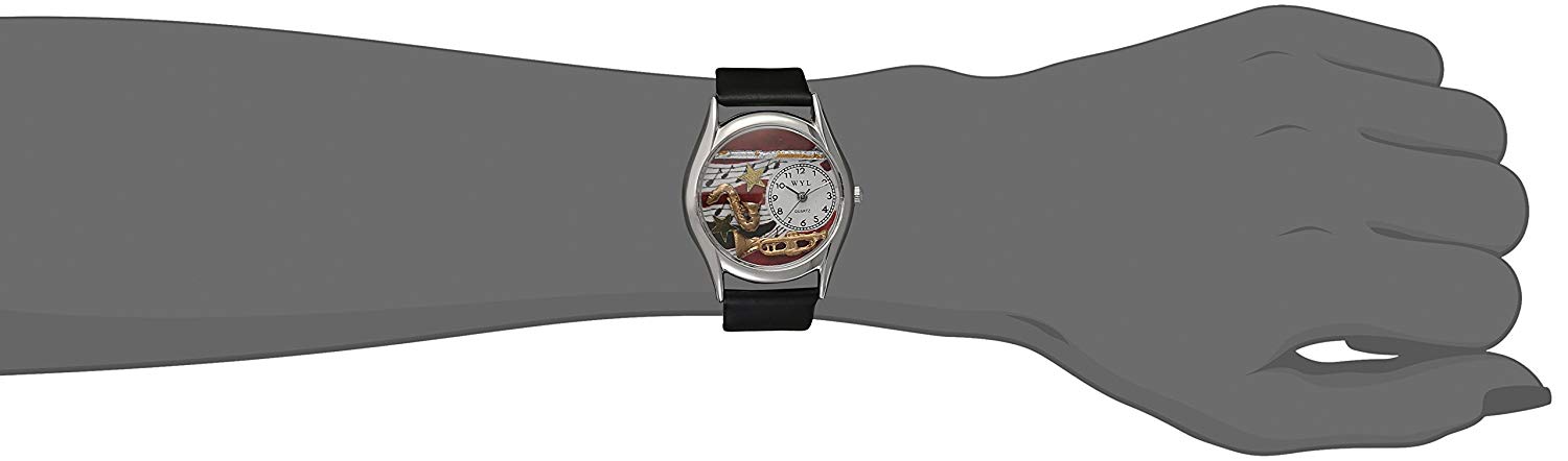 Whimsical Watches Wind Instruments Black Leather and Silvertone Unisex Quartz Watch with White Dial Analogue Display and Multicolour Leather Strap S-0510015 - Image 2