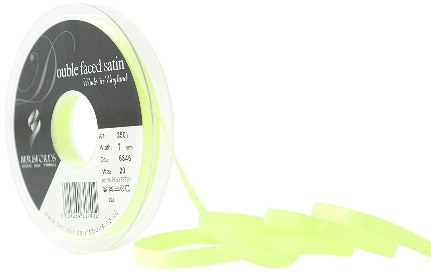 Berisfords Ribbon, Flo Yellow, 7 mm, 3501-FY-7