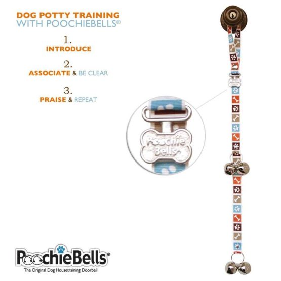 PoochieBells the Original & Trusted Housetraining & Potty Time Dog Doorbell for Loving Dog Families Since 2005. A clear, pleasant and easy way for your family to know when its potty time for your furry best friend. All PoochieBells are individually handcrafted in the USA. Bone Appetite Brown Paw Prints Design - Image 3
