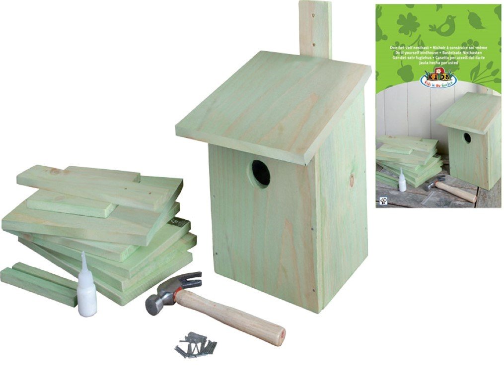 Esschert design KG52 24 x 22 x 17cm Children's Wood Set of Building Bird House - Natural, Green, 9.5"H