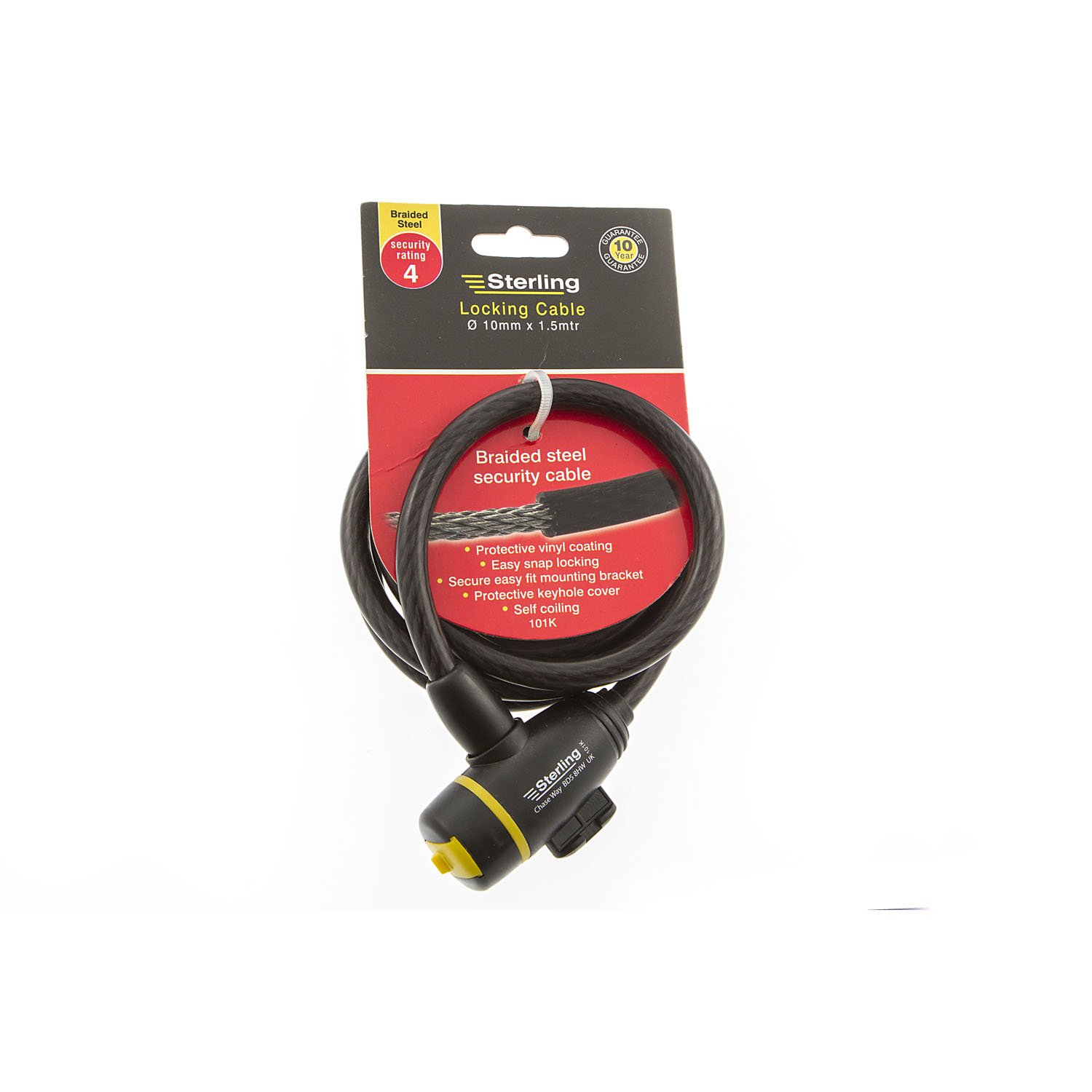 Sterling 101K 10 x 1500mm Locking Cable with Self Coiling/ Bracket , Black, 10mm x 1500mm