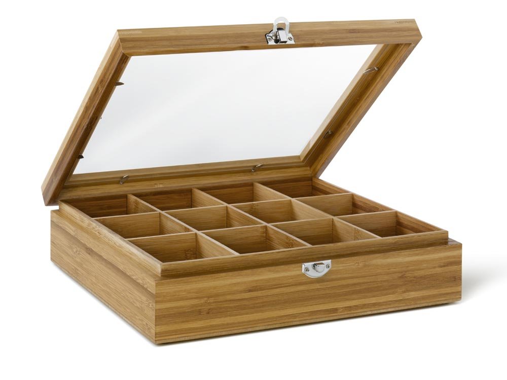 Bredemeijer 12-Compartment Bamboo Tea Box with Window, Brown TB012BN, Wooden Tea Box 12 Compartments Window - Image 2