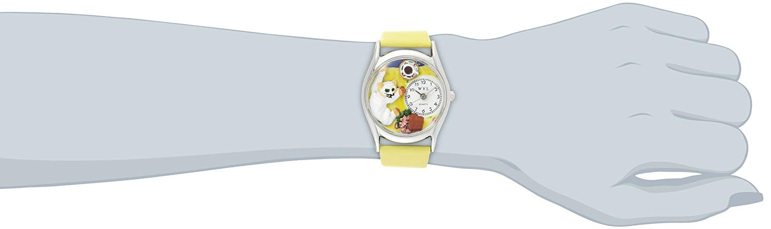 Whimsical Watches Bad Cat Yellow Leather and Silvertone Unisex Quartz Watch with White Dial Analogue Display and Multicolour Leather Strap S-0120008 - Image 2