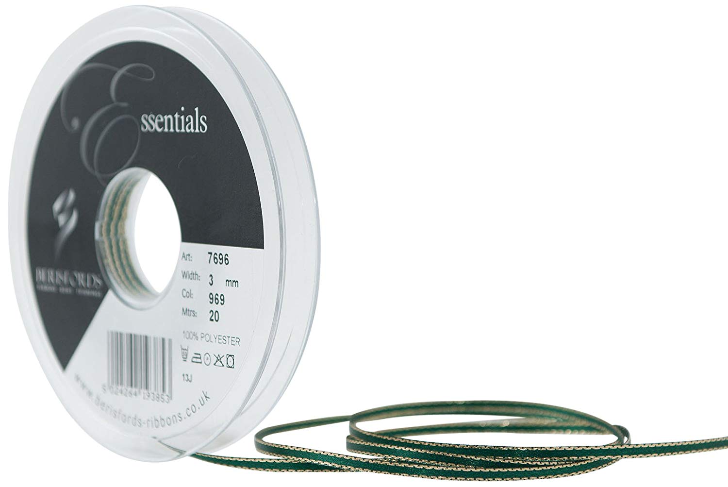 Berisfords 3 mm Gold Edge Satin Ribbon, Forest, 7696-FR-3