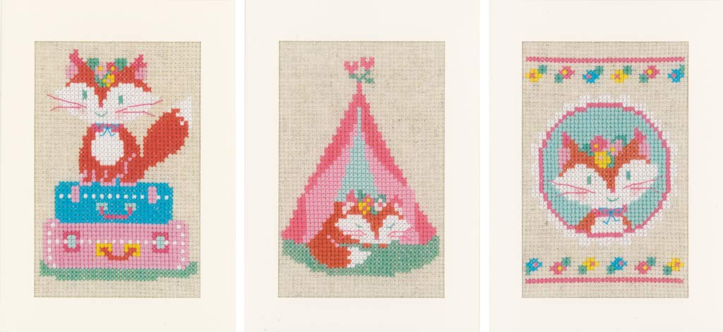 Vervaco Counted Cross Stitch Kit: Cards: LIEF Little Fox on Travel: Set of 3, Acrylic, NA, 10.5 x 15cm, N\a
