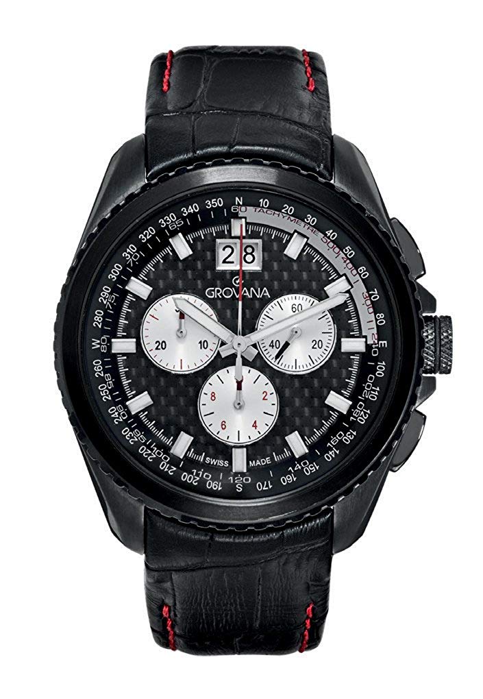 Grovana 1621.9577 Men's Quartz Swiss Watch with Black Dial Chronograph Display and Black Leather Strap, Black/Black