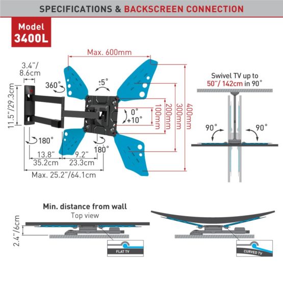 Barkan Long TV Wall Mount, 13 - 80 inch Full Motion Articulating - 4 Movement Flat / Curved Screen Bracket, Holds up to 50kg, Extremely Extendable, Fits LED OLED LCD - Image 3