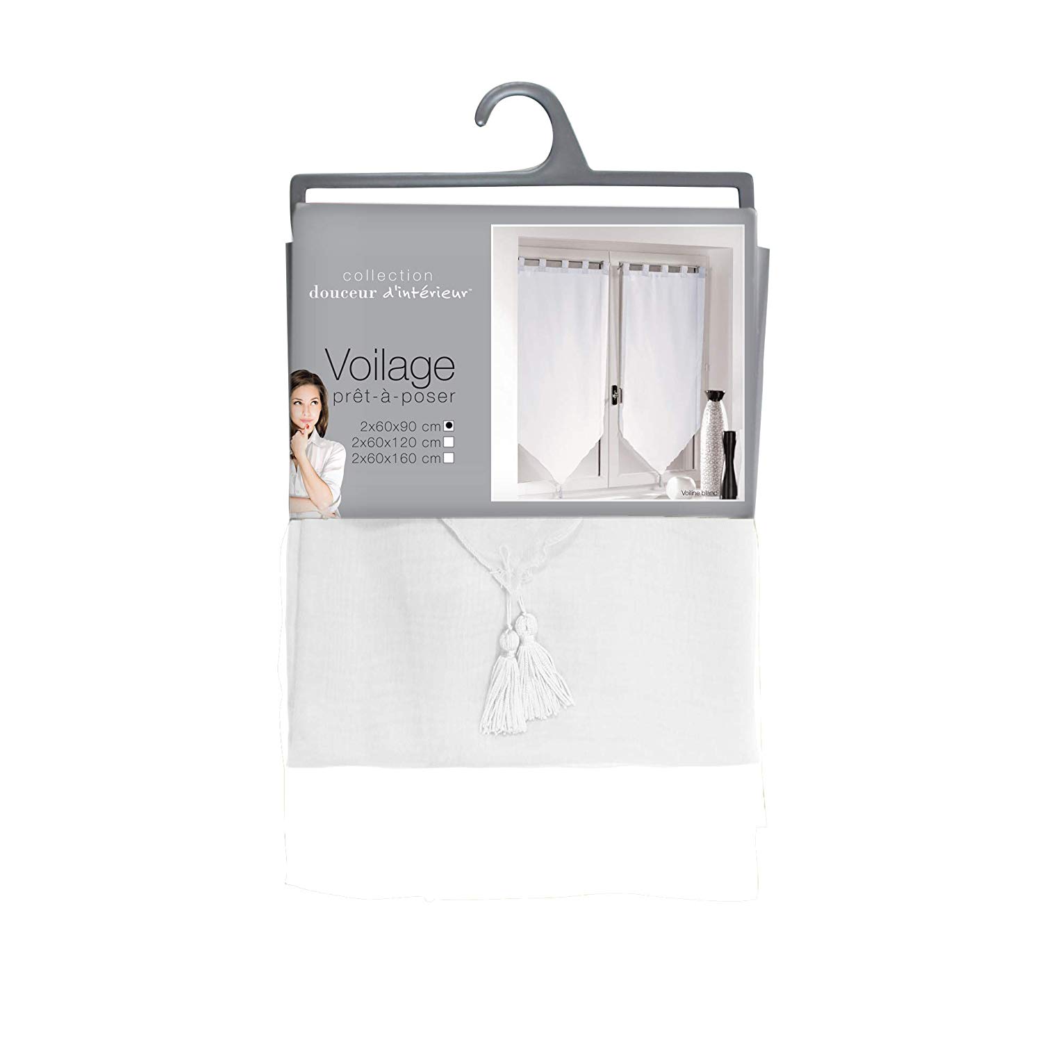 Douceur d'Interieur Voile 2-Net Uni Curtain Pompon, Blanc, W 23.6" x L 35.4" (1 Panels) - Image 2