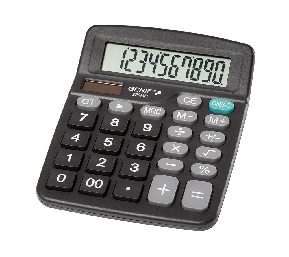 Genie 220 MD 10-Digit Desktop Calculator Dual Power (Solar and Battery) Compact Design Black, Pack of 1