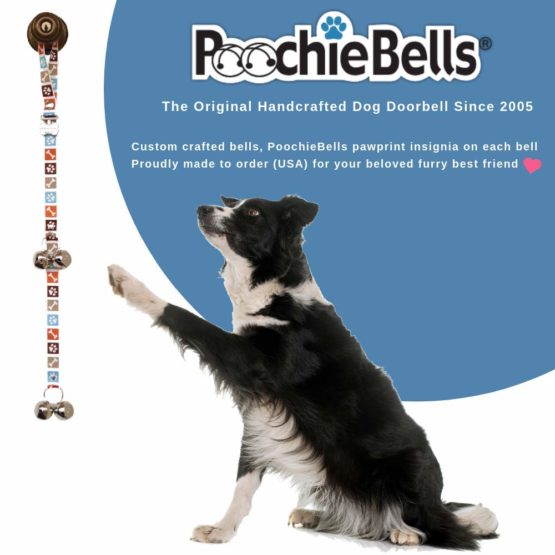 PoochieBells the Original & Trusted Housetraining & Potty Time Dog Doorbell for Loving Dog Families Since 2005. A clear, pleasant and easy way for your family to know when its potty time for your furry best friend. All PoochieBells are individually handcrafted in the USA. Bone Appetite Brown Paw Prints Design - Image 2