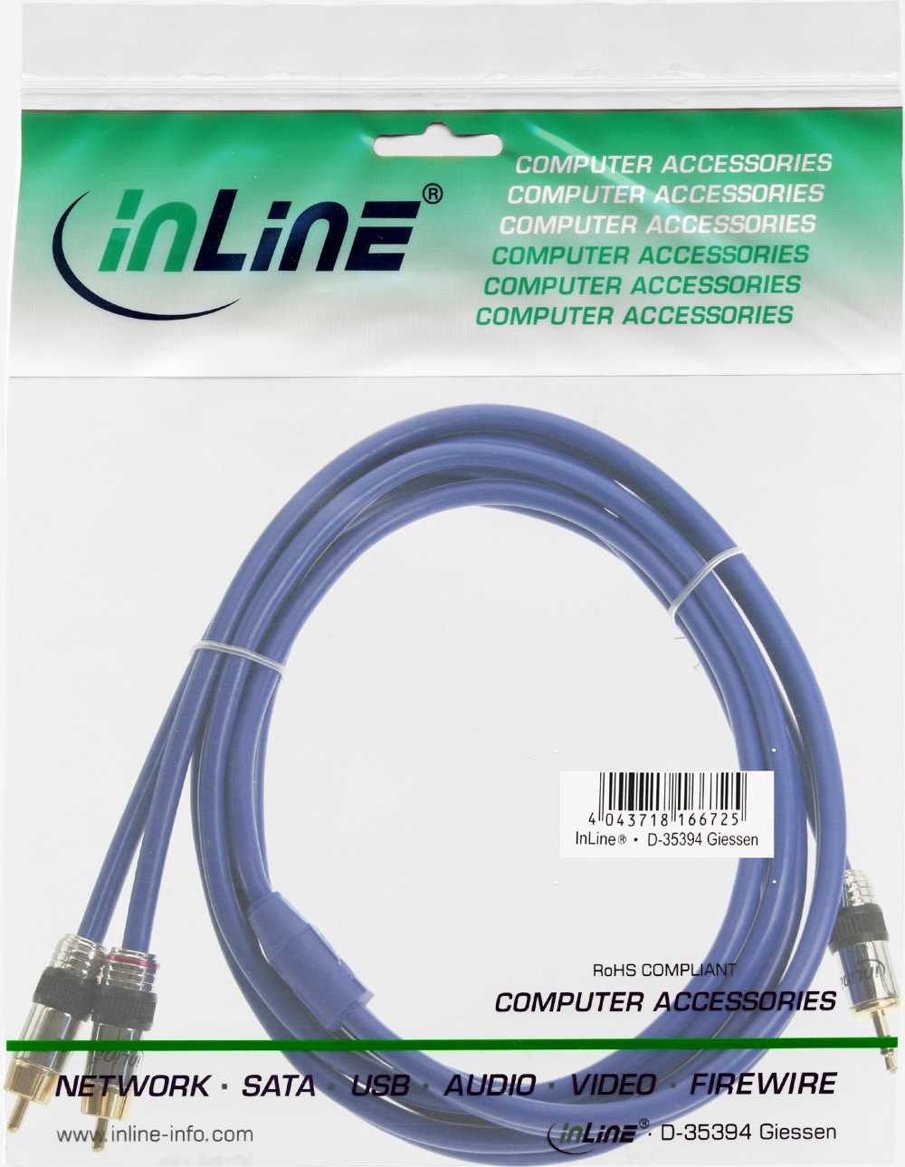 InLine 15m Premium 2x RCA Male to 3.5mm Male Audio Cable with Golden Contacts, 15 Meters - Image 2