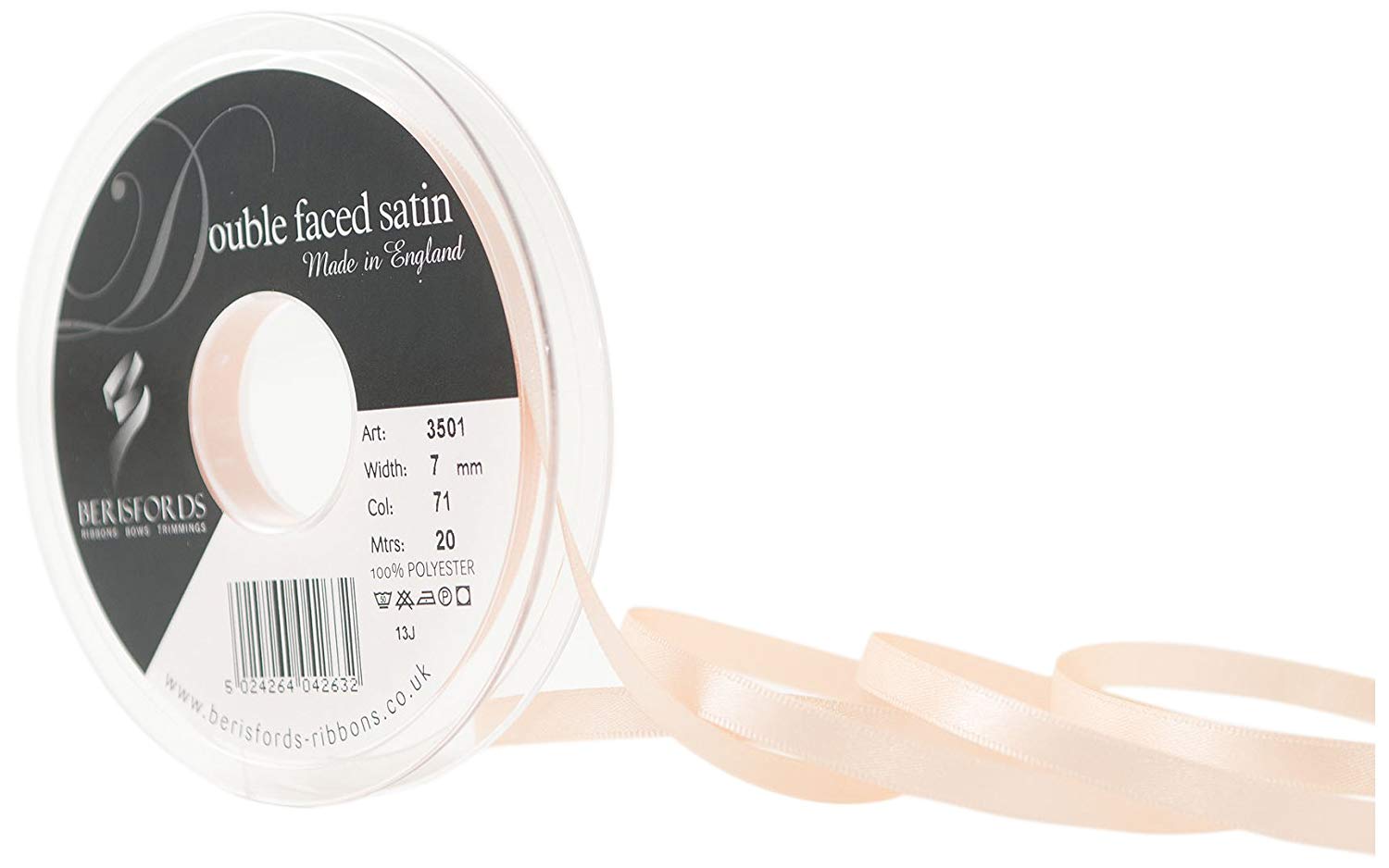 Berisfords Ribbon, Peach, 7 mm, 3501-PE-7
