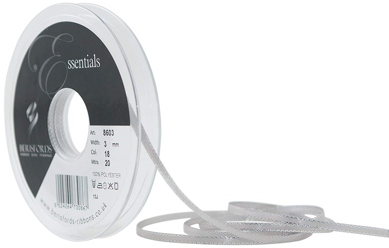 Berisfords 8603-SG-3 3 mm Silver Edge Satin Ribbon, Silver Grey