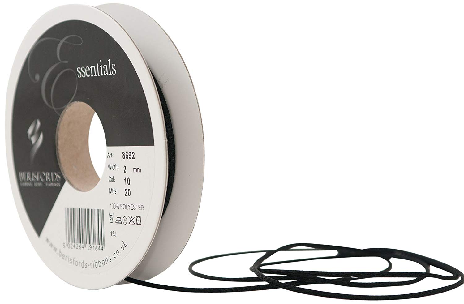 Berisfords 8692-BK-2 2 mm Rope Ribbon, Black