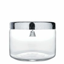 Alessi "Dressed Cookie Jar in Glass Lid in 18/10 Stainless Steel Mirror Polished With Bell And Relief Decoration, Silver
