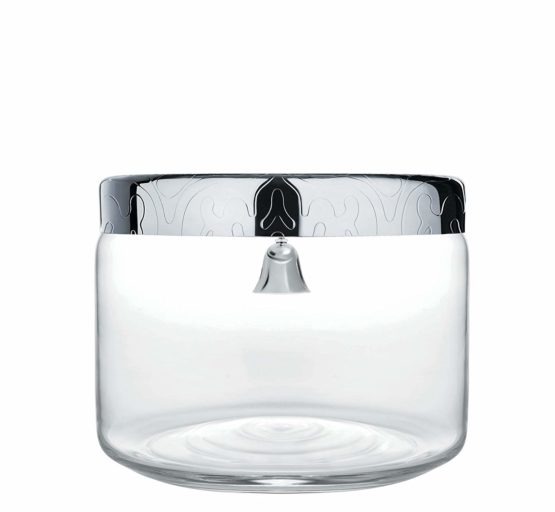 Alessi "Dressed Cookie Jar in Glass Lid in 18/10 Stainless Steel Mirror Polished With Bell And Relief Decoration, Silver